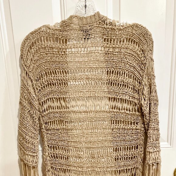 Rue 21 Crochet Open Weave Fringe Cardigan 3/4 sleeve Size Small Tan Beach Cover - Picture 2 of 10